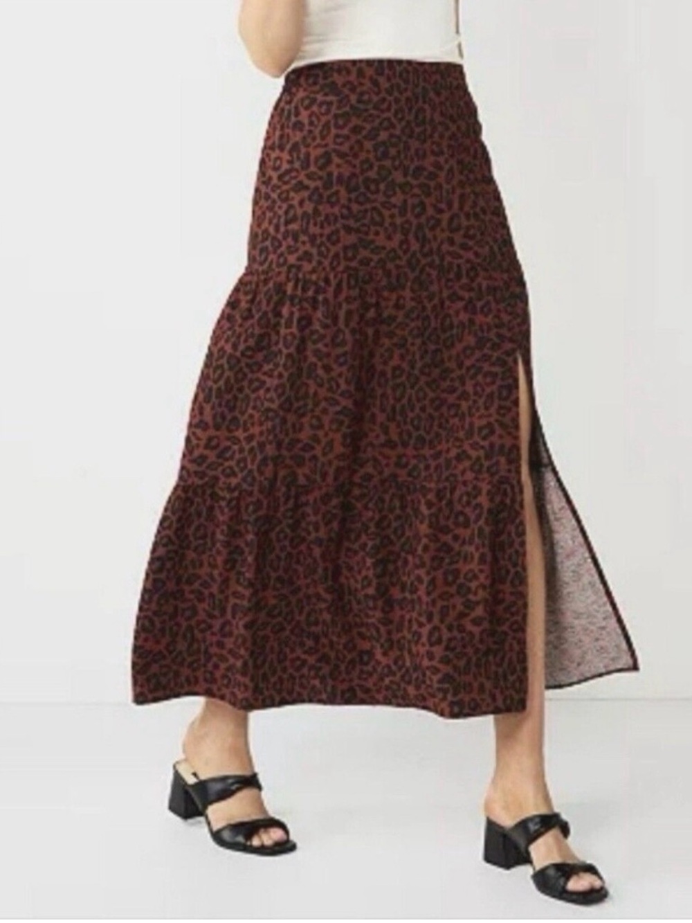 Nine West Tiered Maxi Skirt w/ Slit Leopard Print Size Large
